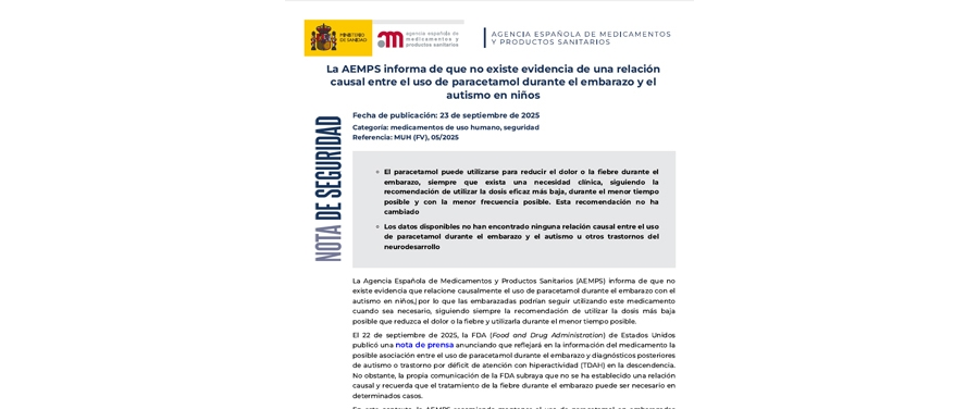 La AEMPS informa de que no existe evidencia de una relación causal entre el uso de paracetamol durante el embarazo y elauti smo en niños
